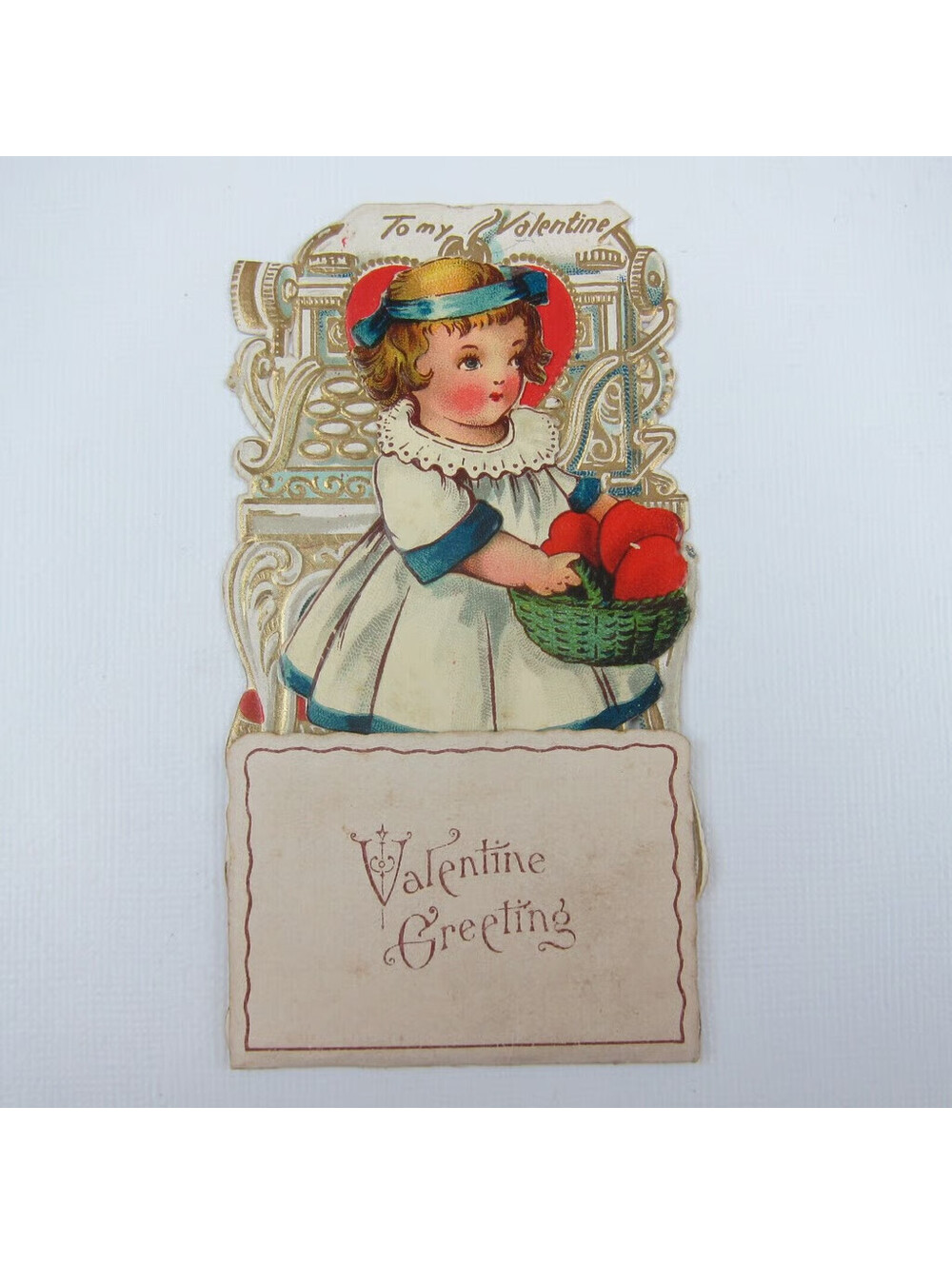 Vintage Valentine 3D Pop Up Die Cut Blonde Girl Blue White Dress Basket Hearts
